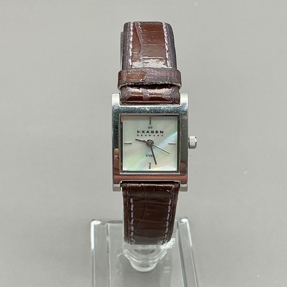 Skagen Watch Women's 528SSL4 Mother of Pearl Brown Leather 25mm NEW BATTERY